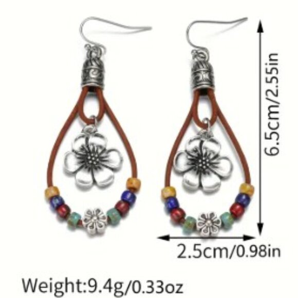 Boho Beaded Leather Rope Dangle Earrings Floral & Multicolor Beads - Picture 3 of 8